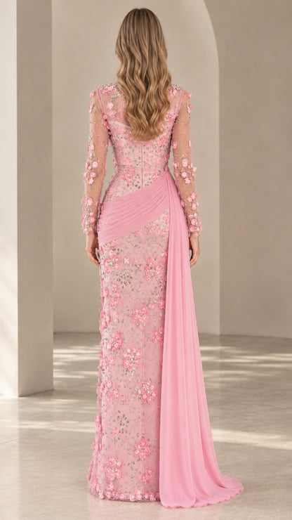 Back view of Blush Pink long sleeve embellished evening maxi dress