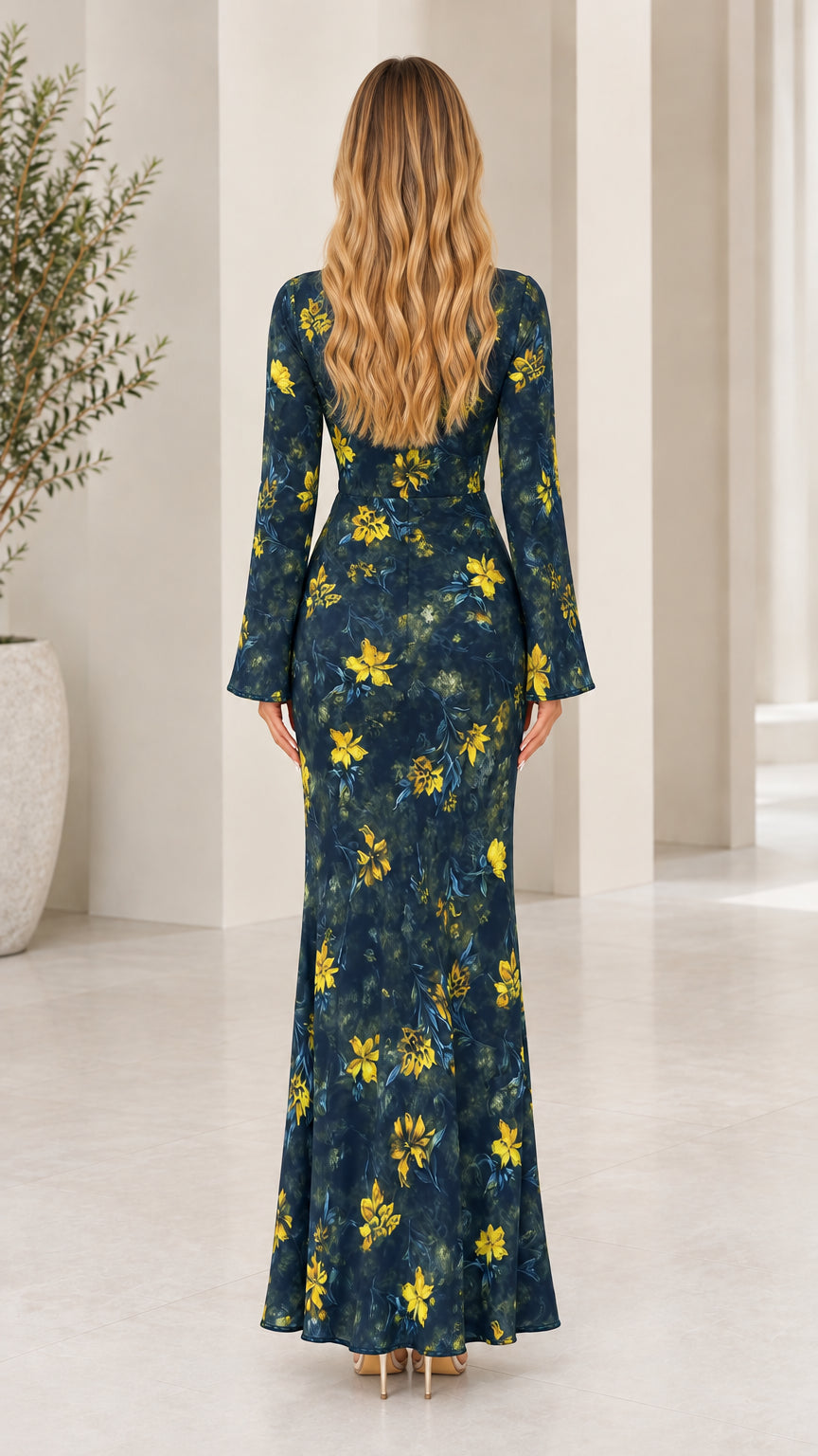 Back view of Navy Blue flare sleeve maxi dress showing sleek drape