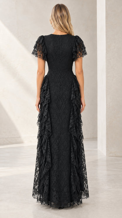 Back view of woman wearing Black full-length lace formal gown
