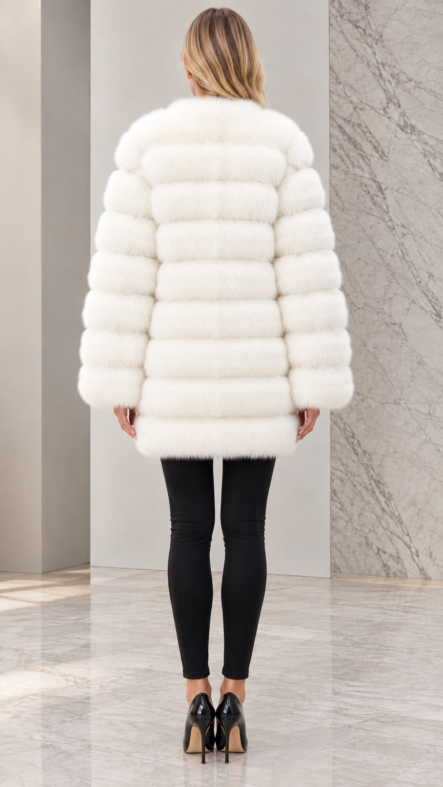 Back view of model wearing white horizontal ribbed faux fur coat
