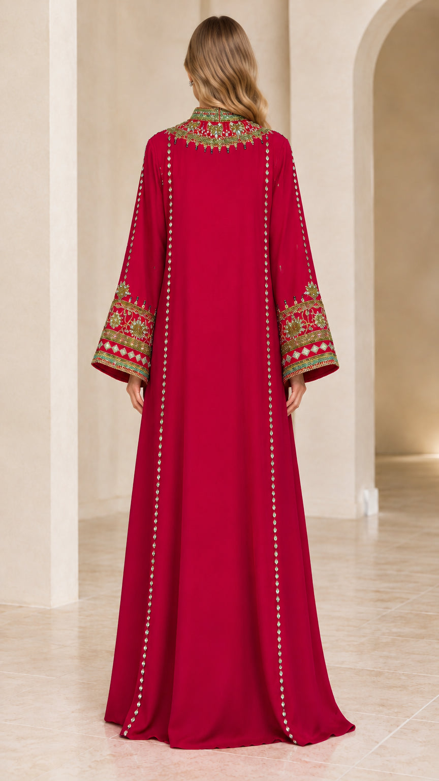Back view of floor-length Berry Red modest evening dress with embellished collar