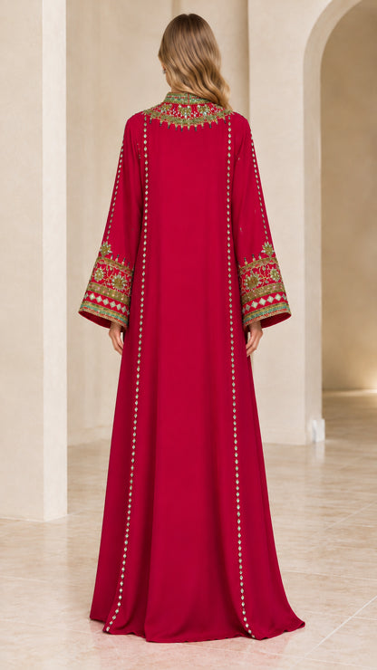 Back view of floor-length Berry Red modest evening dress with embellished collar