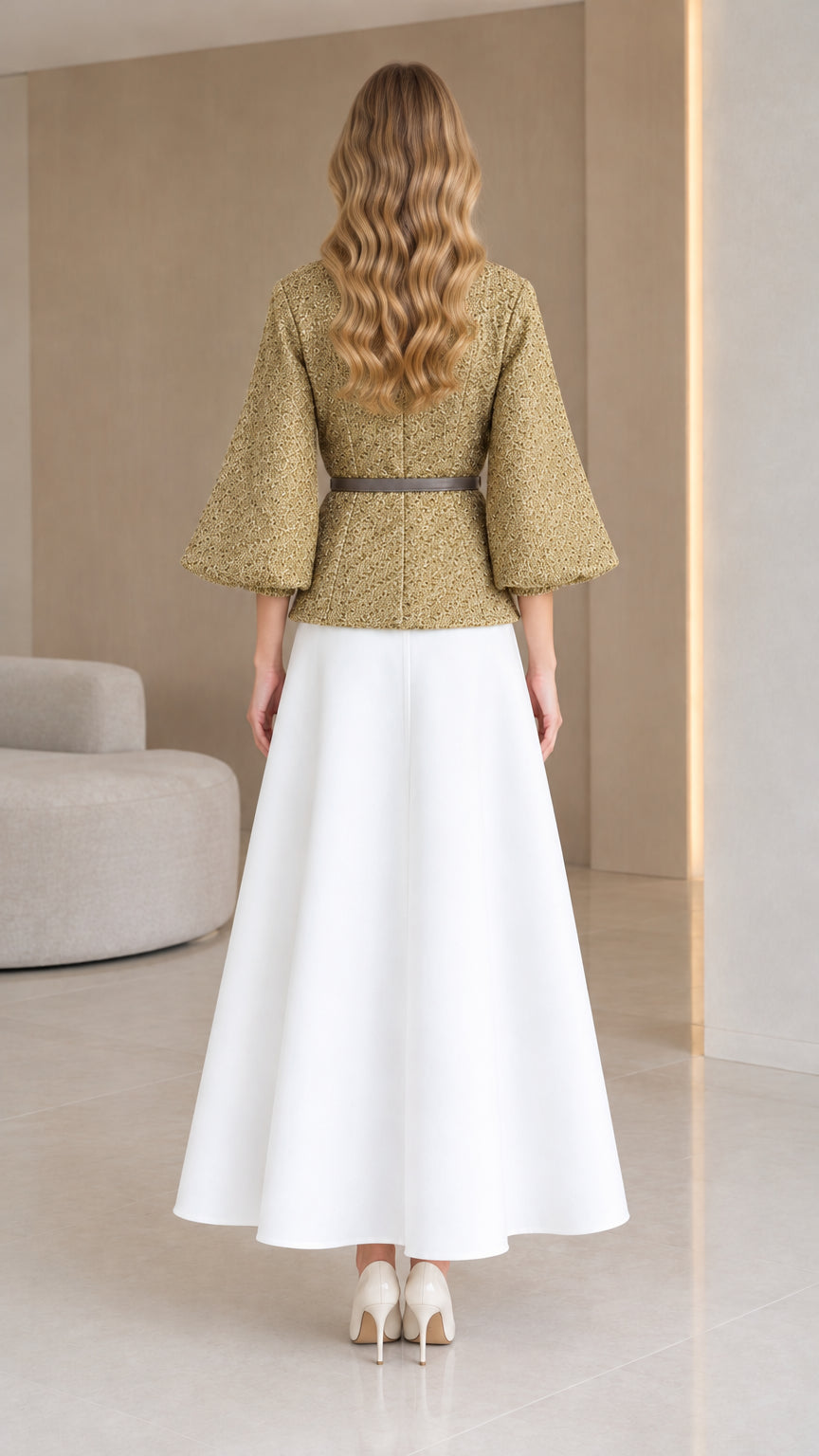 Olive green tweed jacket and white maxi skirt - back view