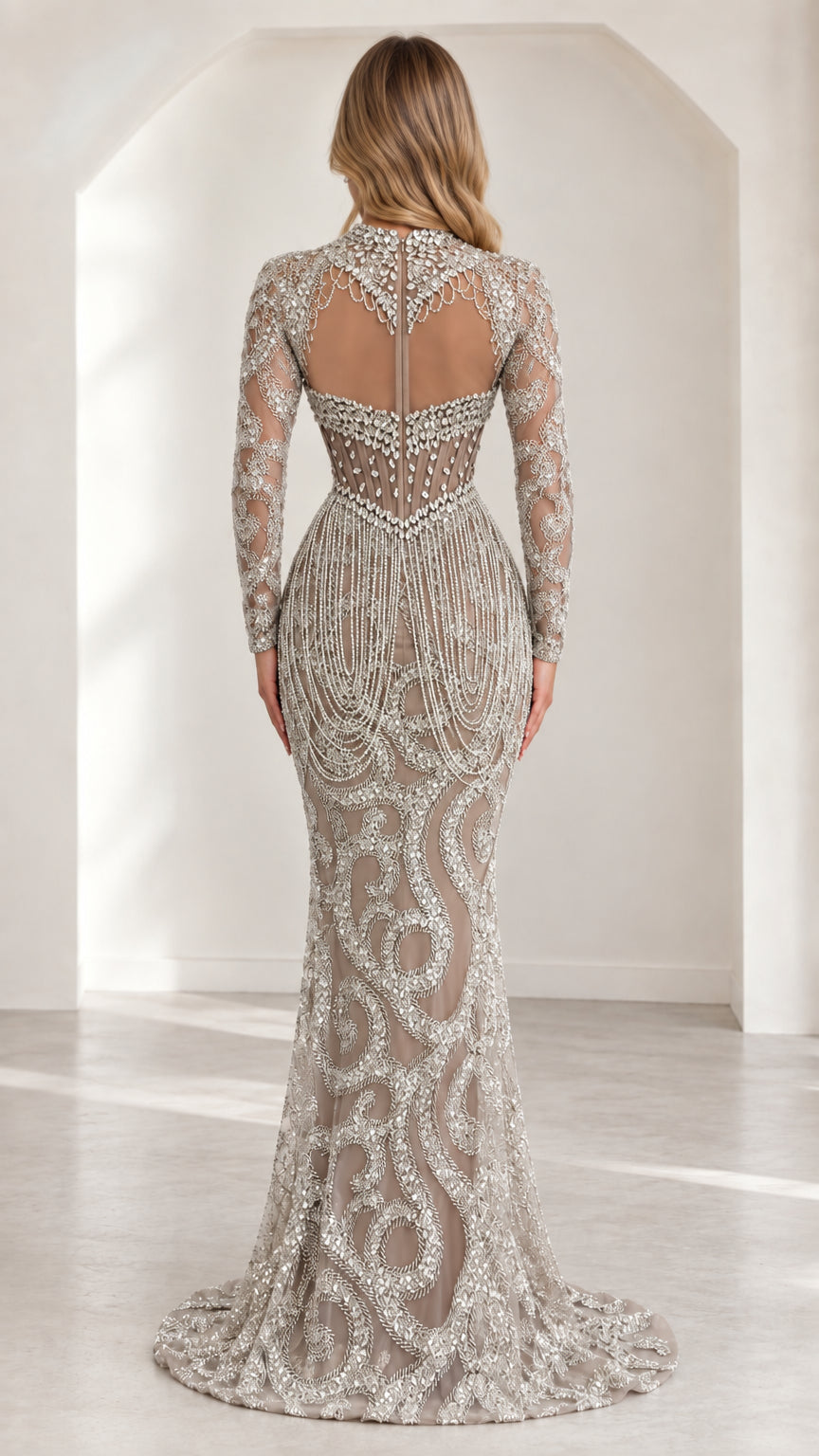 Back view of model showing open keyhole back on Champagne Silver embellished gown