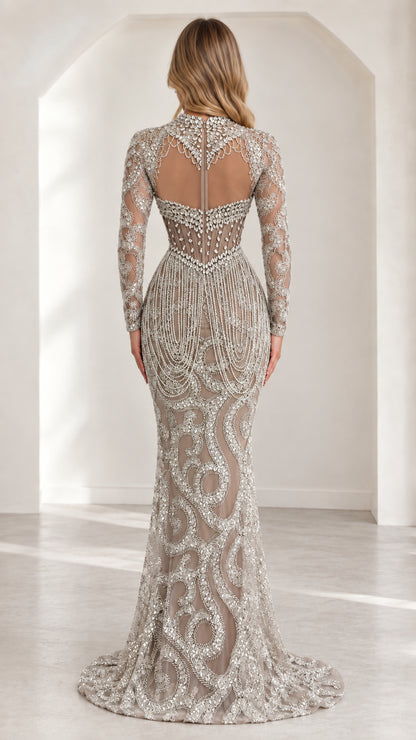 Back view of model showing open keyhole back on Champagne Silver embellished gown