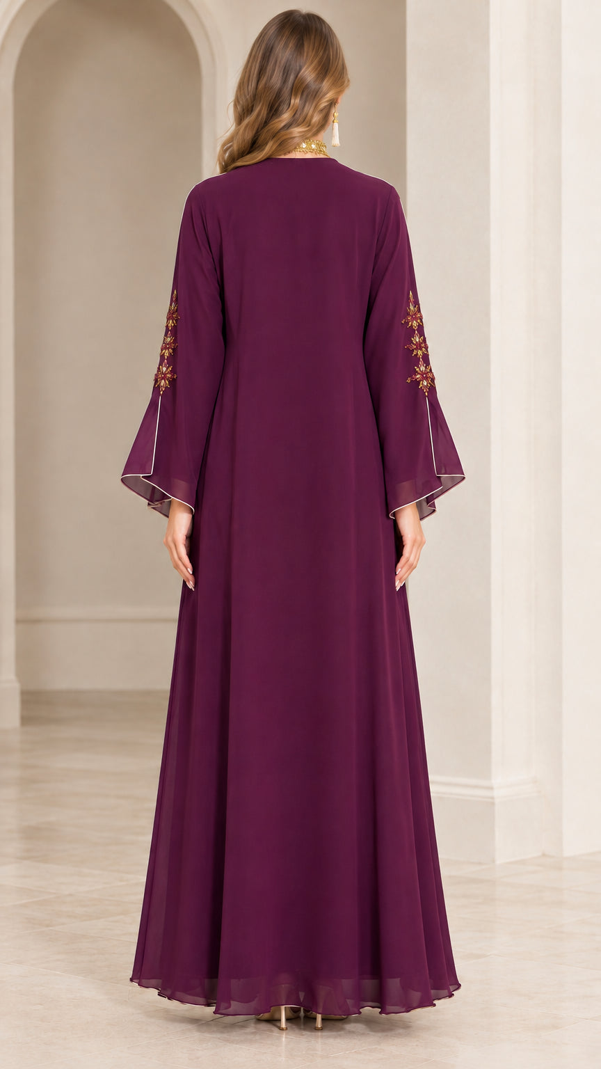 Back view of Plum floor-length modest kaftan dress showing elegant drape