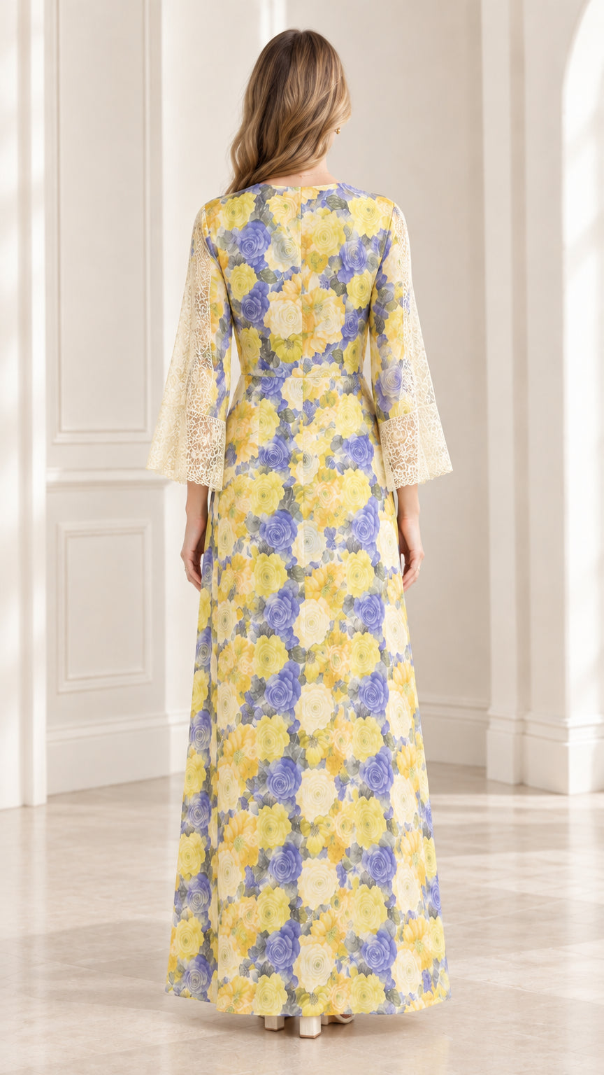 Back view of model wearing Yellow Floral full-length dress