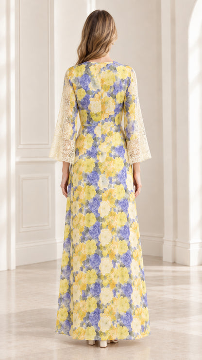 Back view of model wearing Yellow Floral full-length dress