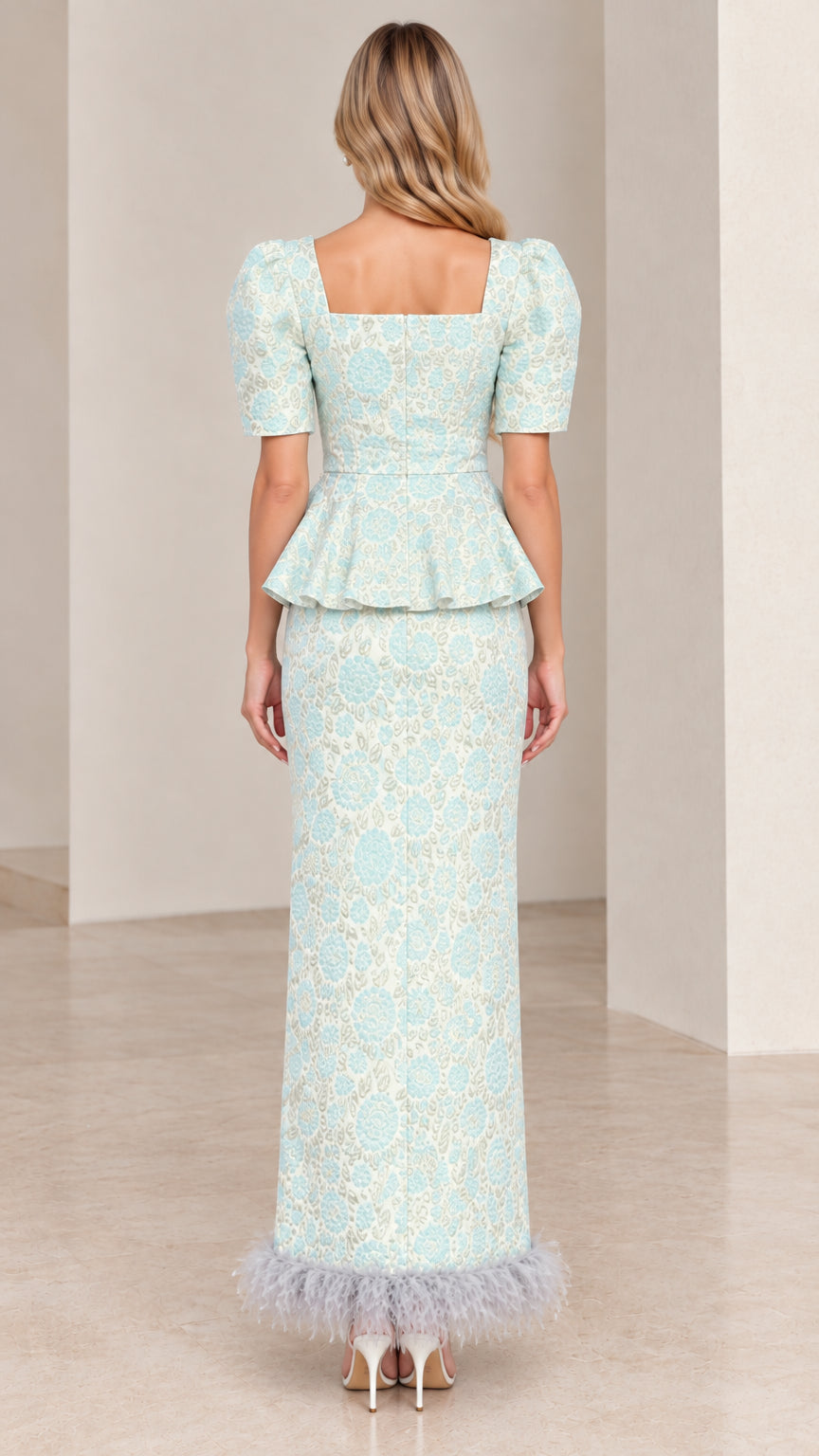 Back view of Ice Blue floral jacquard evening gown showing square back and zipper