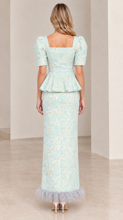 Back view of Ice Blue floral jacquard evening gown showing square back and zipper