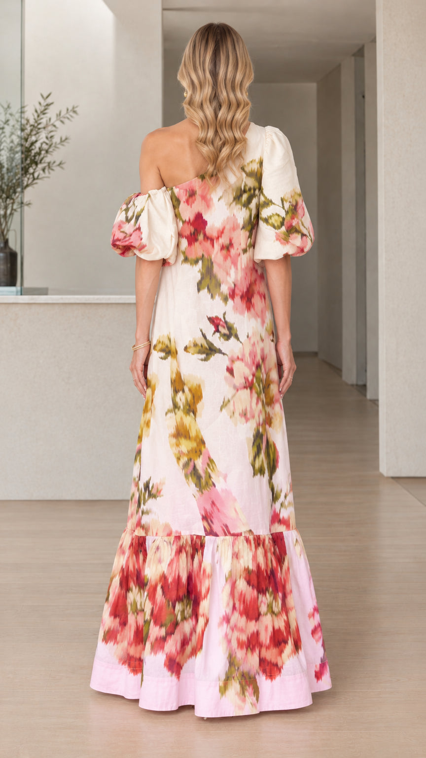 Back view of model in White Floral Puff Sleeve Maxi Dress
