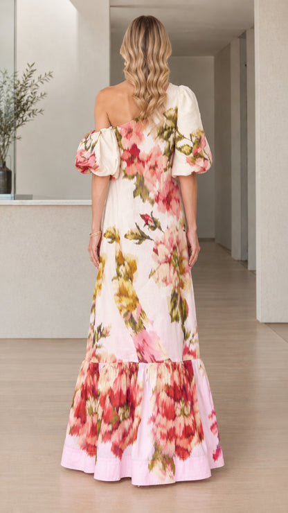 Back view of model in White Floral Puff Sleeve Maxi Dress
