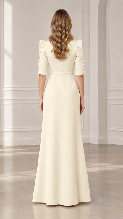 Ivory floor length evening gown rear view