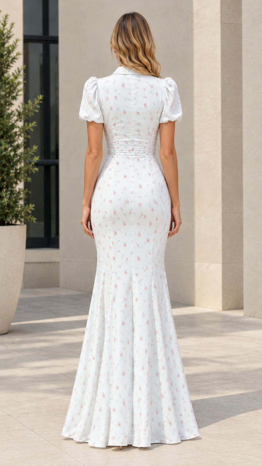 Back view of model wearing White floral collared maxi dress with flared hem
