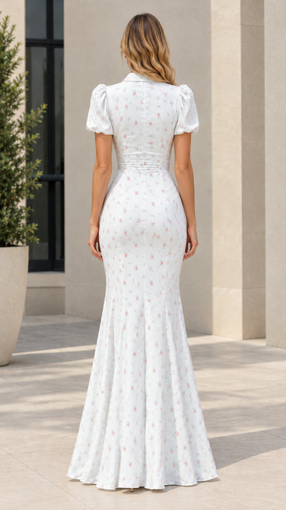 Back view of model wearing White floral collared maxi dress with flared hem