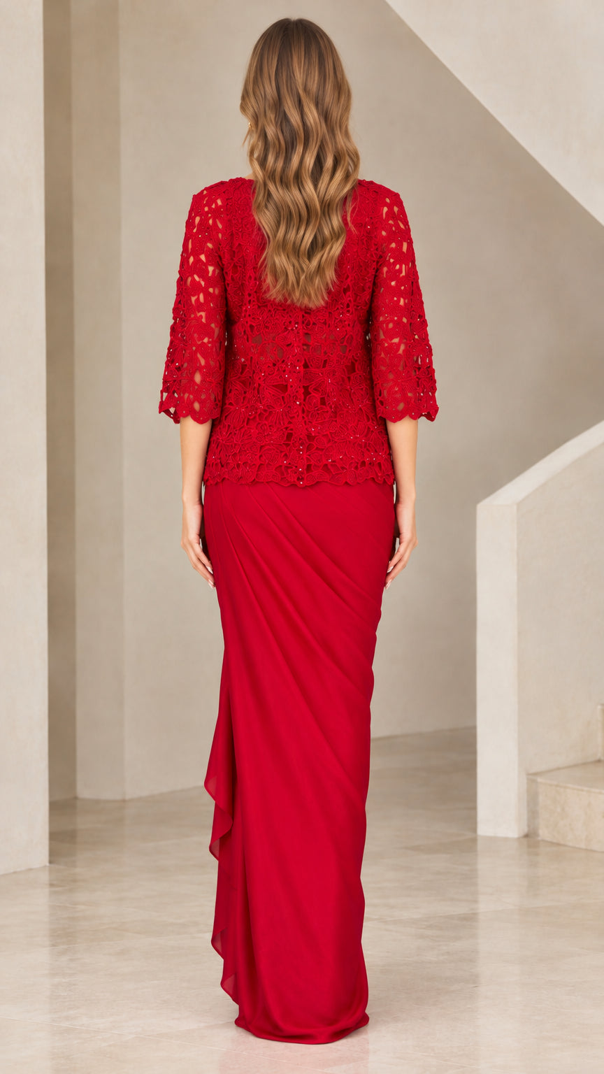 Back view of woman wearing Red lace jacket and draped maxi skirt