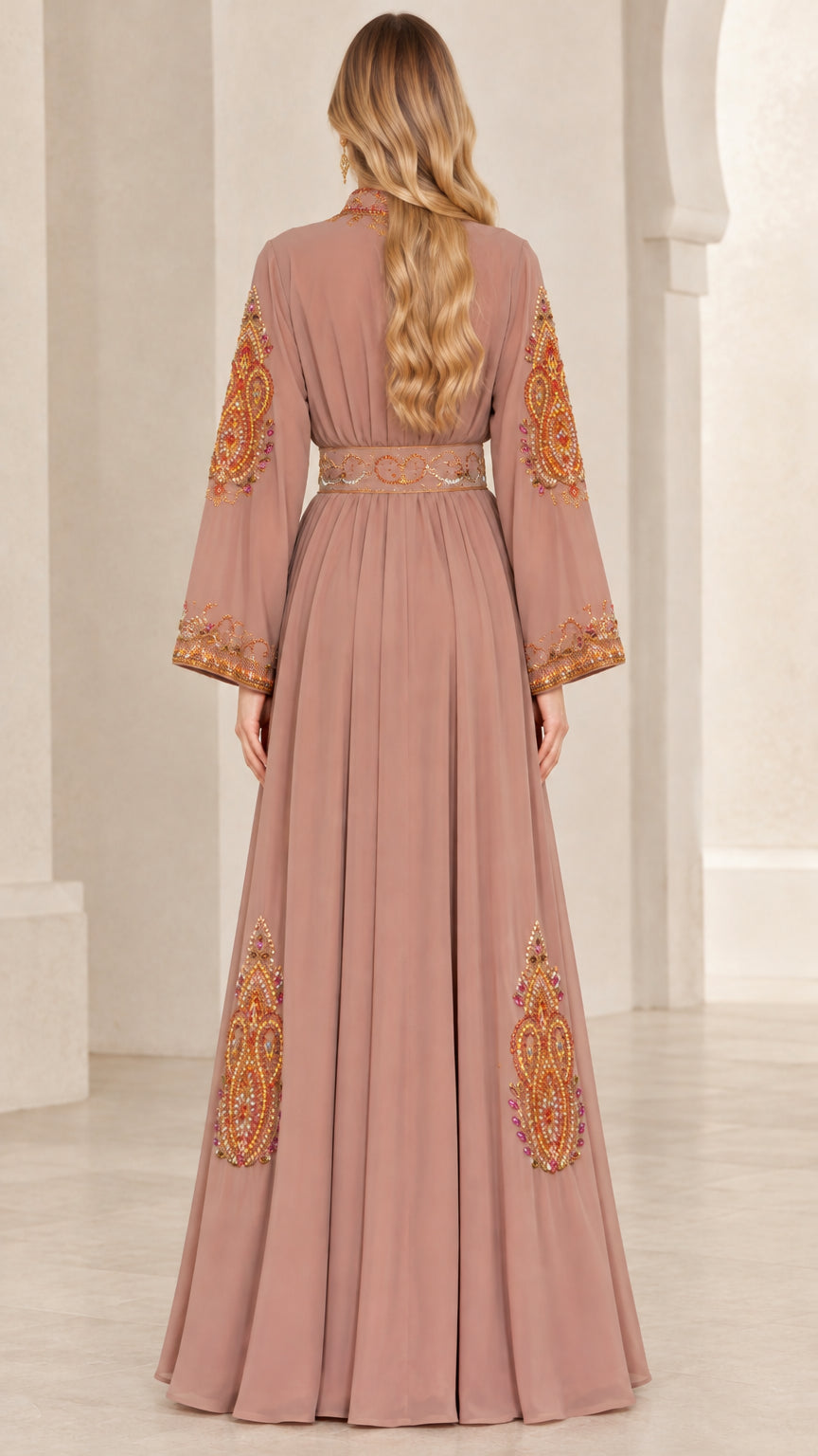 Back view of dusty rose floor-length embroidered kaftan maxi dress