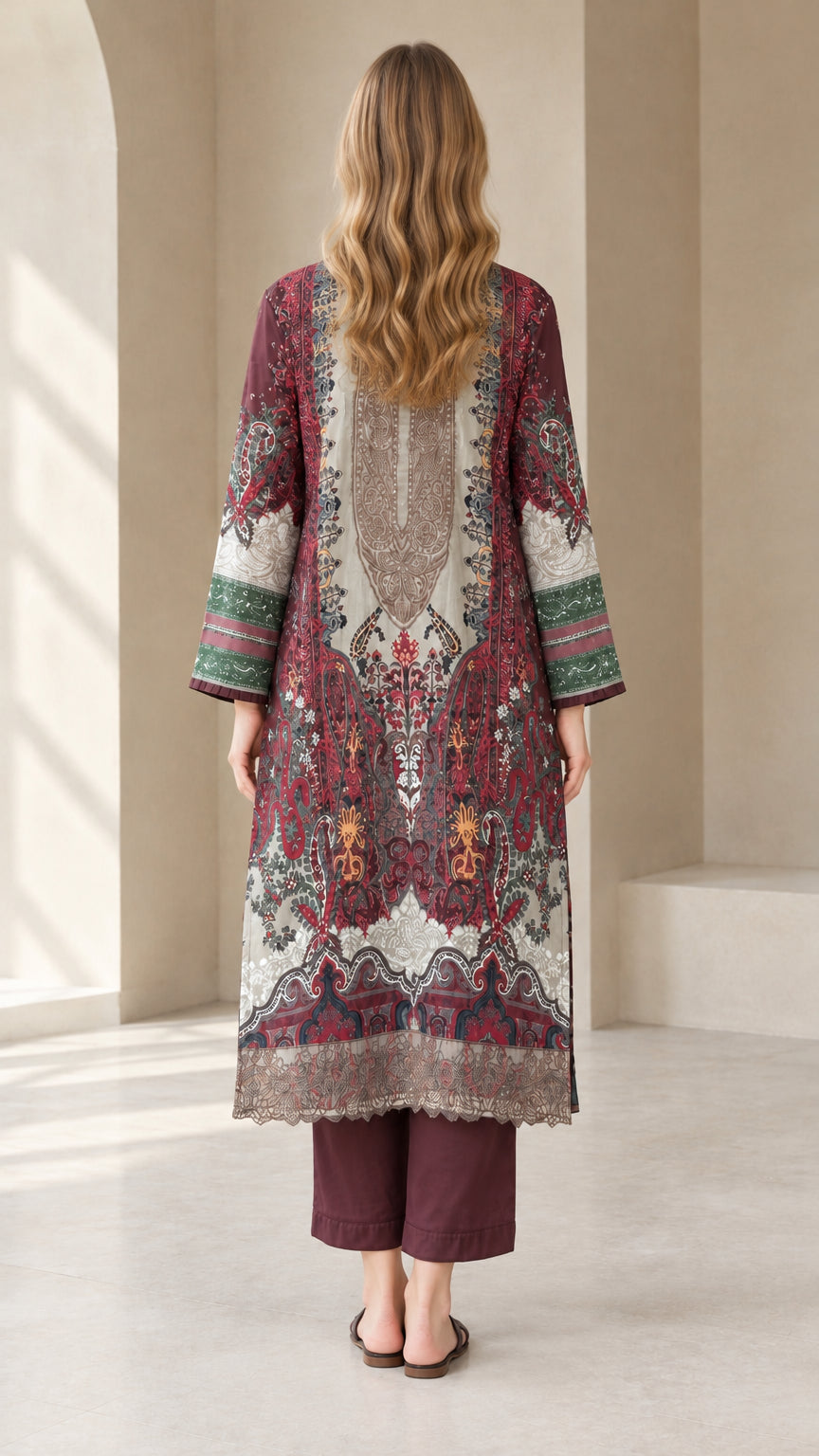 Back view of model showcasing the detailed print on the burgundy tunic set