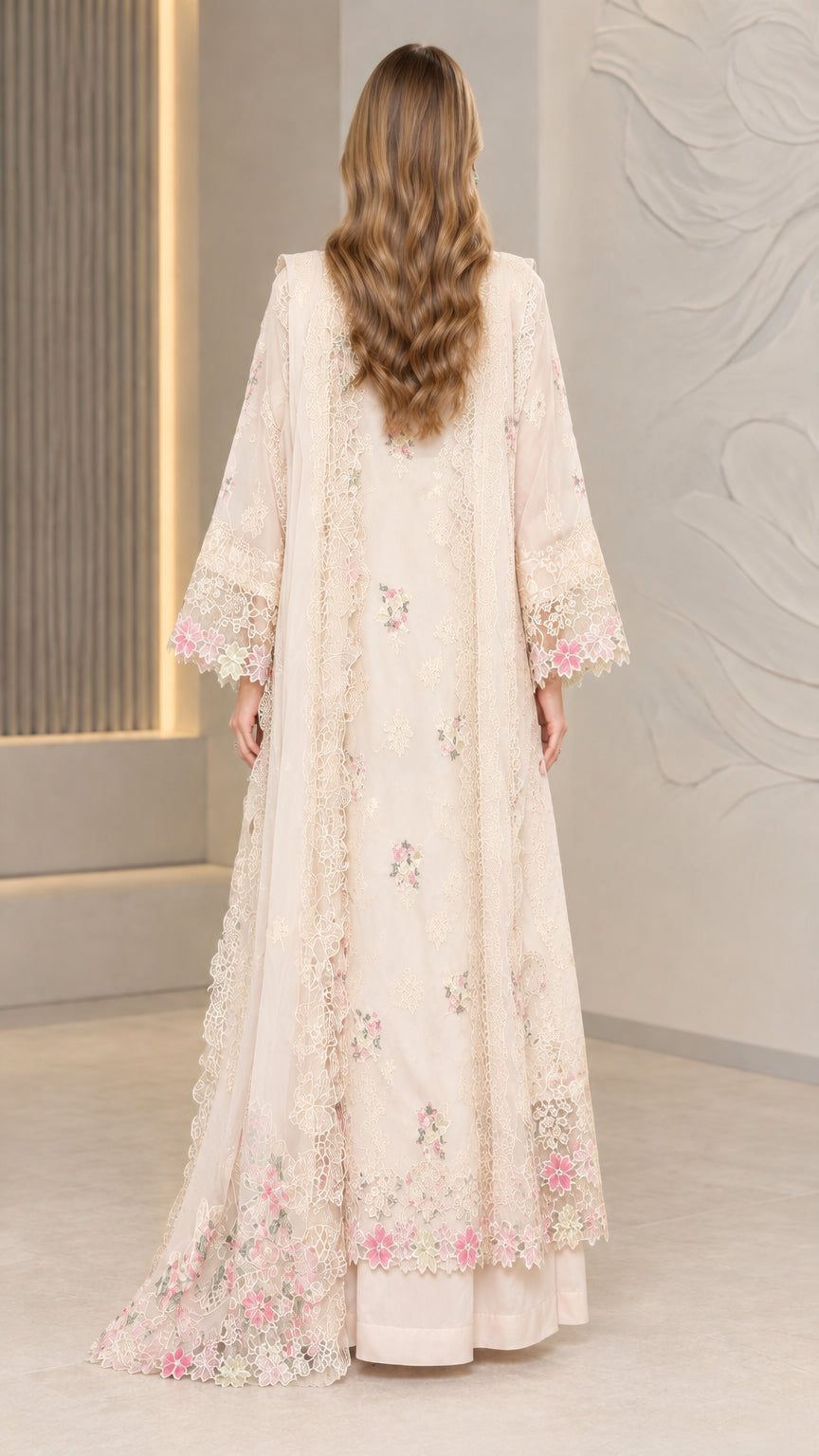 Back view of Ivory embroidered long tunic suit with coordinating scarf