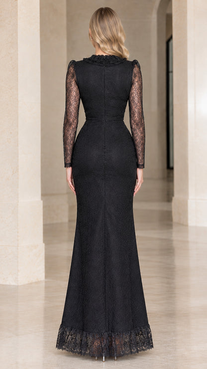 Back view of Black fitted lace maxi dress with sheer lace sleeves