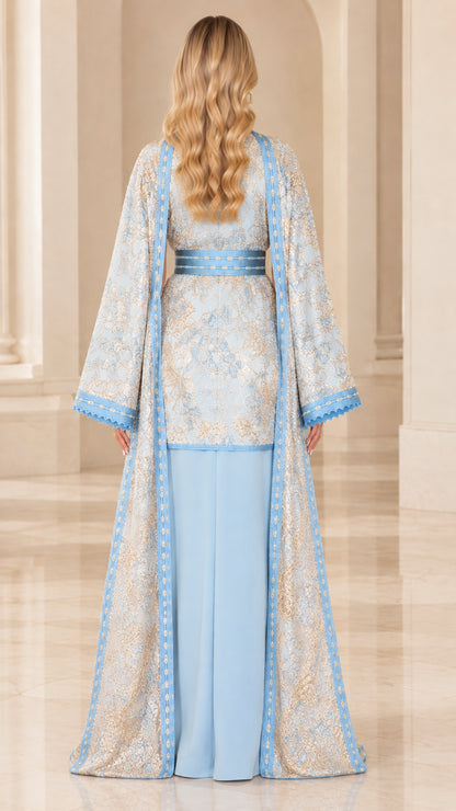 Back view of model showing full length of Light Blue floor-skimming jacquard cape