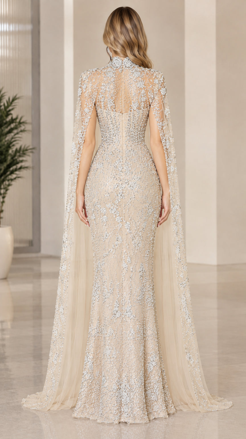 Champagne floor-length cape evening dress back view