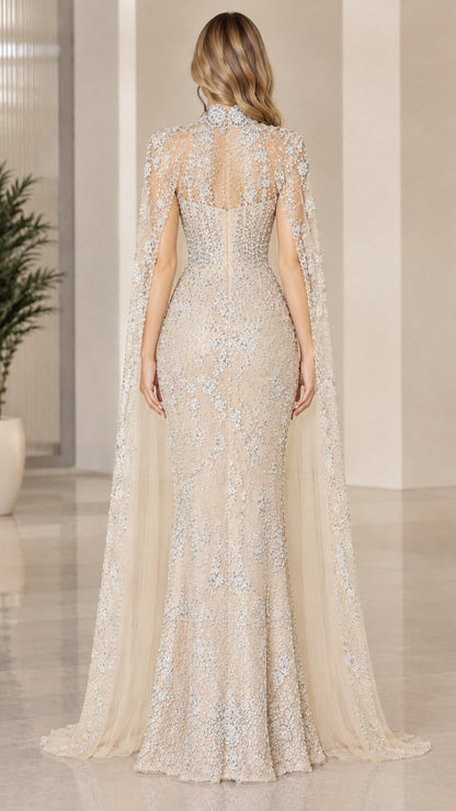 Champagne floor-length cape evening dress back view