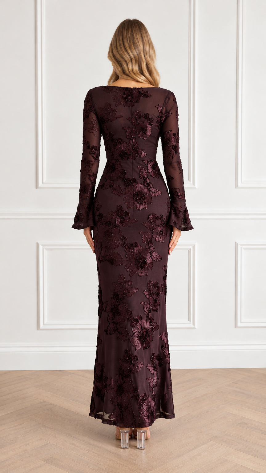 Burgundy floor length formal dress with long sleeves back view