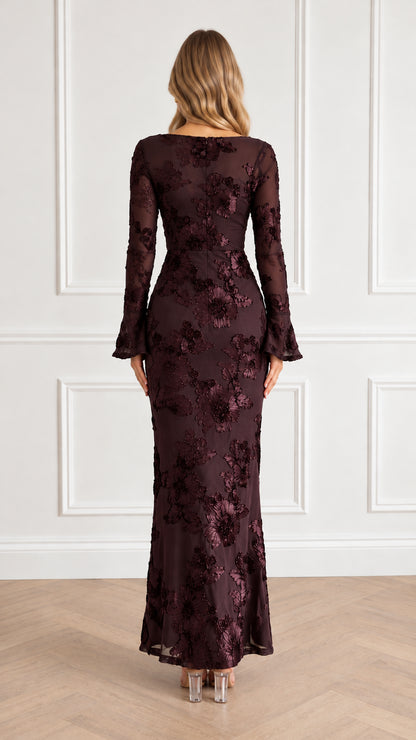 Burgundy floor length formal dress with long sleeves back view