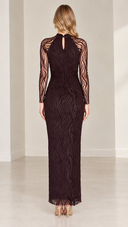 Back view of plum long sleeve formal maxi dress showing back keyhole detail