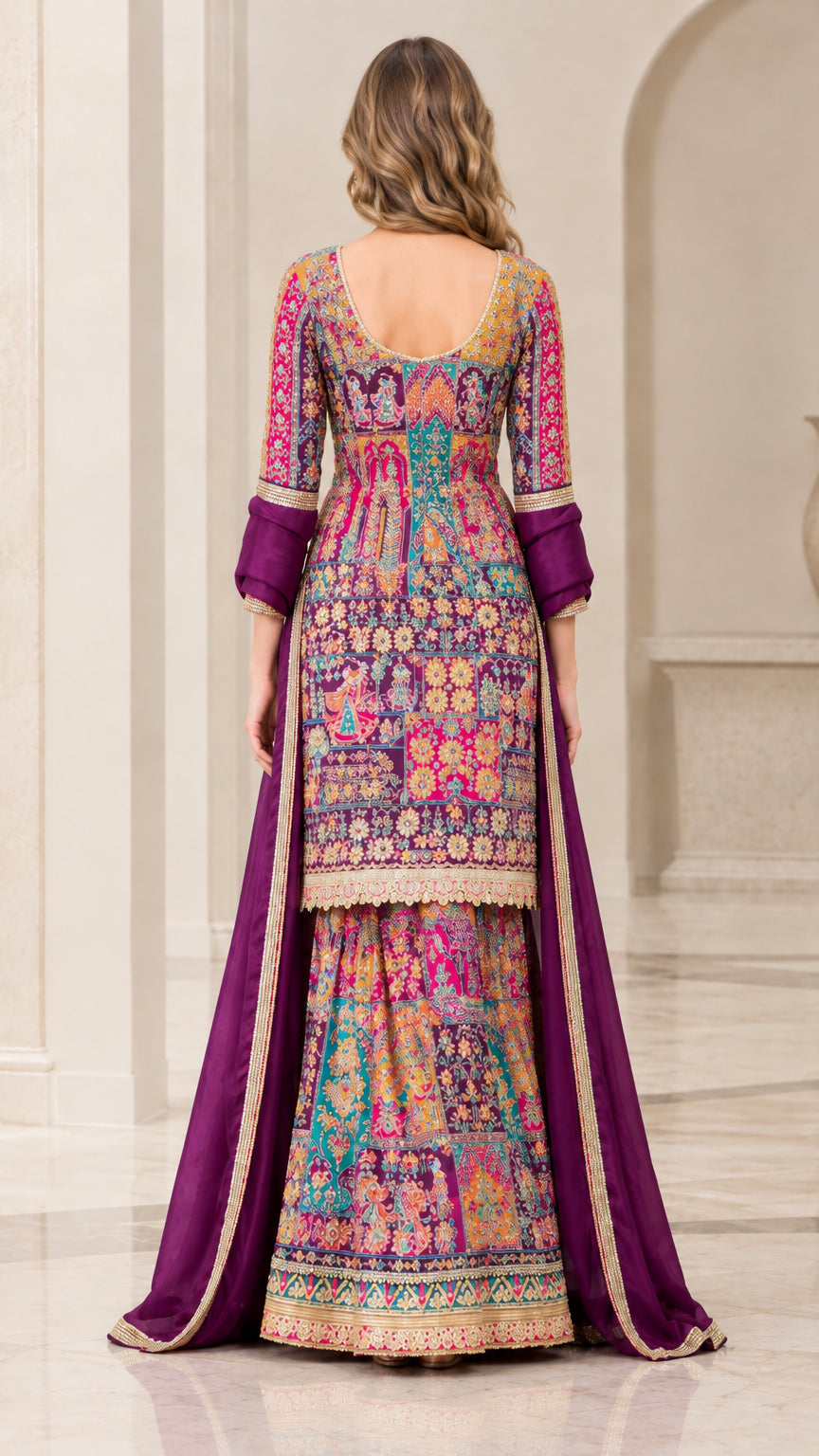 Back view of purple embroidered sharara suit set highlighting fit and finish