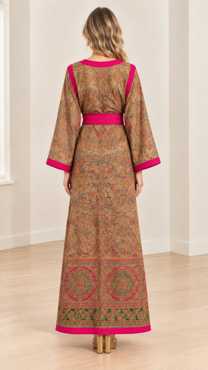 Back view of woman wearing olive tan paisley maxi kaftan dress with magenta hem and cuff trims