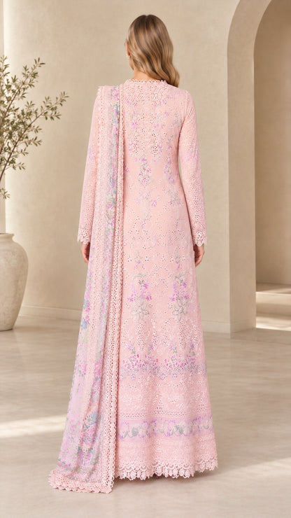 Back view of Blush Pink full-length embroidered lace dress with drape