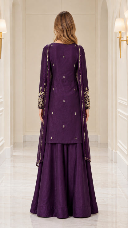 Back view of purple embroidered kurta sharara set