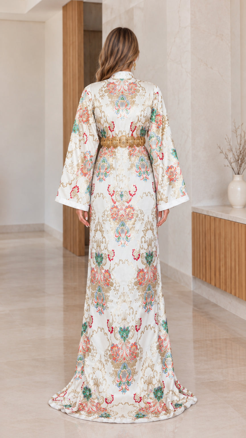 Ivory floral brocade kaftan maxi dress back view