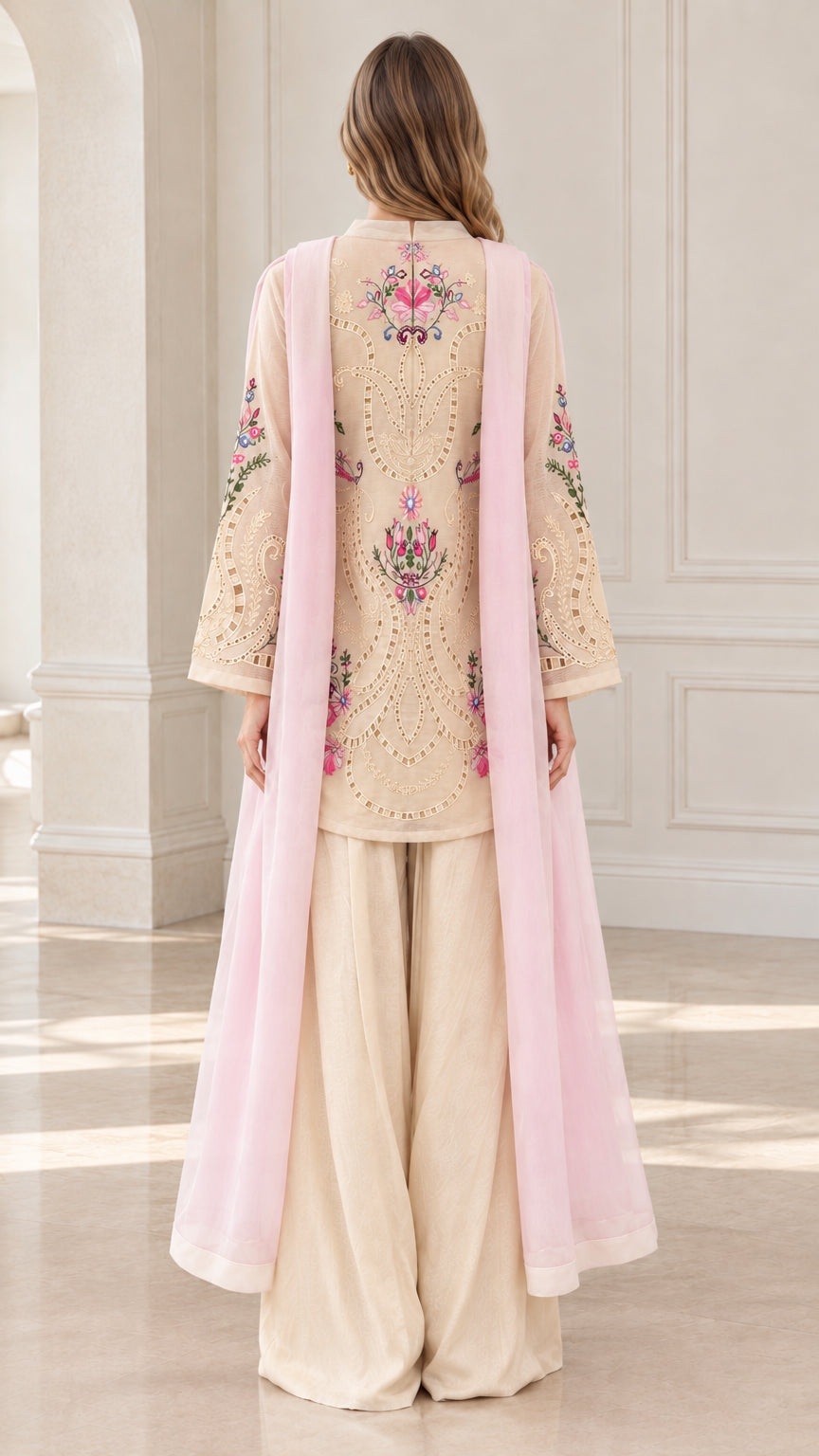 Back view of Champagne Beige embroidered kurti suit set