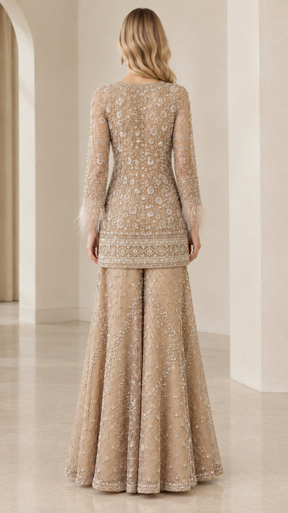 Back view of champagne formal evening tunic and wide-leg trousers
