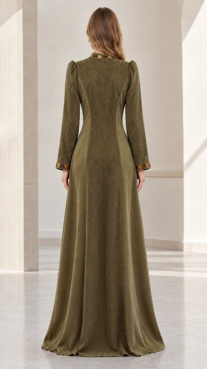 Back view of woman wearing floor-length olive green modest maxi dress