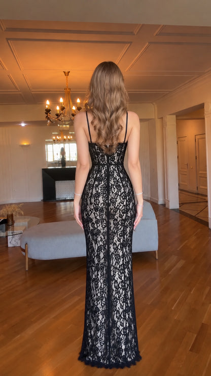 Back view of woman wearing black floral lace sweetheart evening dress