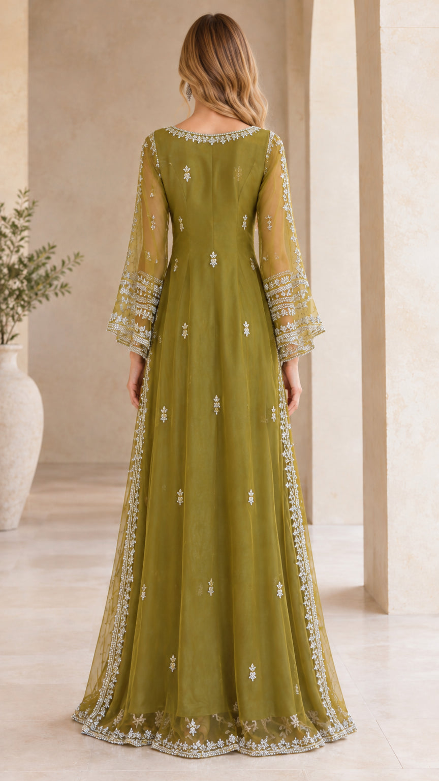 Olive Green embroidered long sleeve evening gown back view