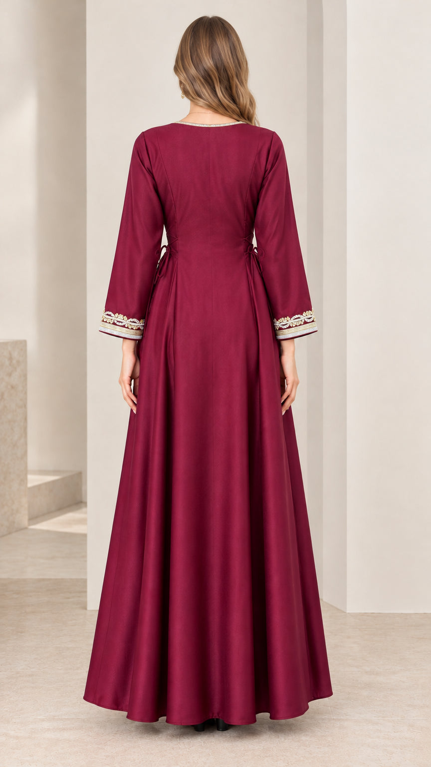 Burgundy long sleeve kaftan maxi dress back view