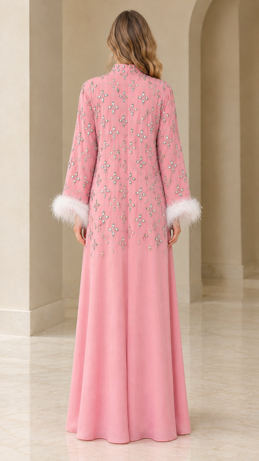 Back view of dusty pink crystal embellished floor-length abaya dress