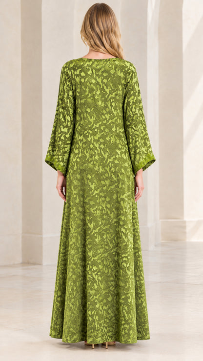 Back view of Olive Green flowing textured kaftan maxi dress