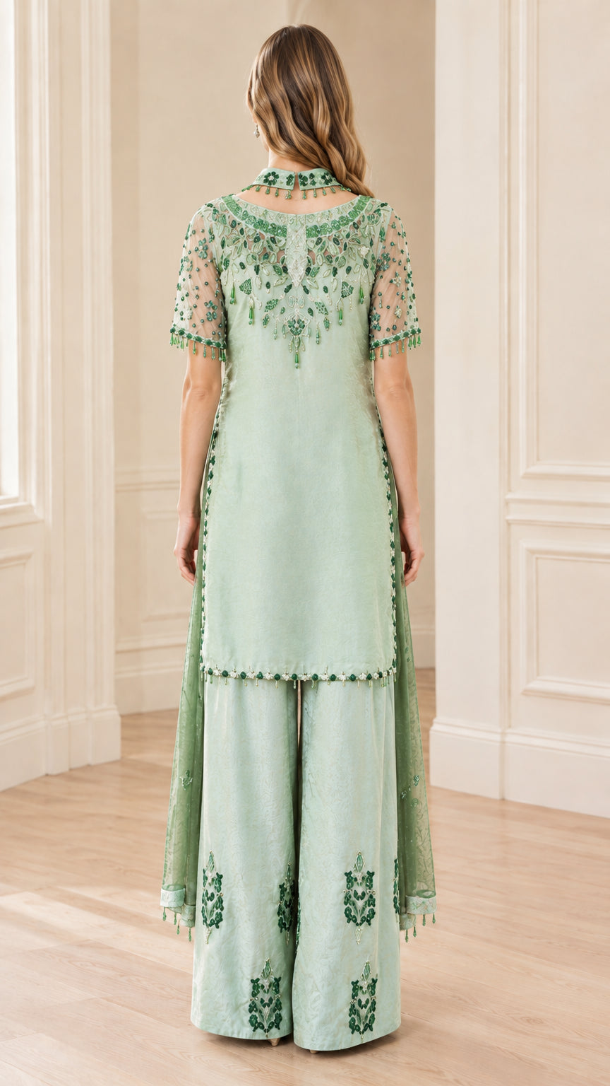 Back view of model wearing Sage Green tunic and palazzo pants