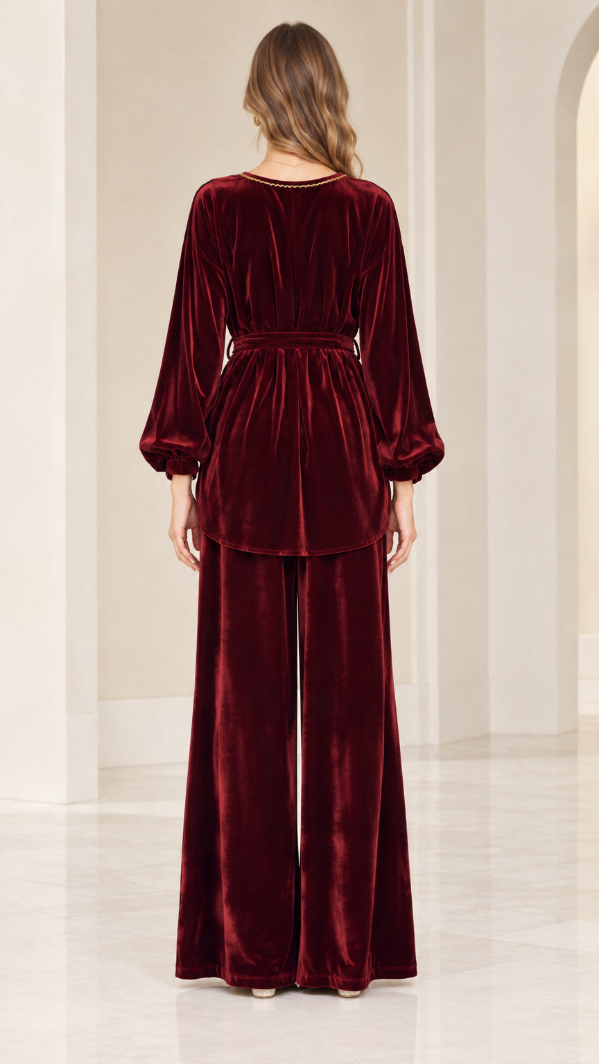Back view of burgundy velvet tunic top and wide leg pants