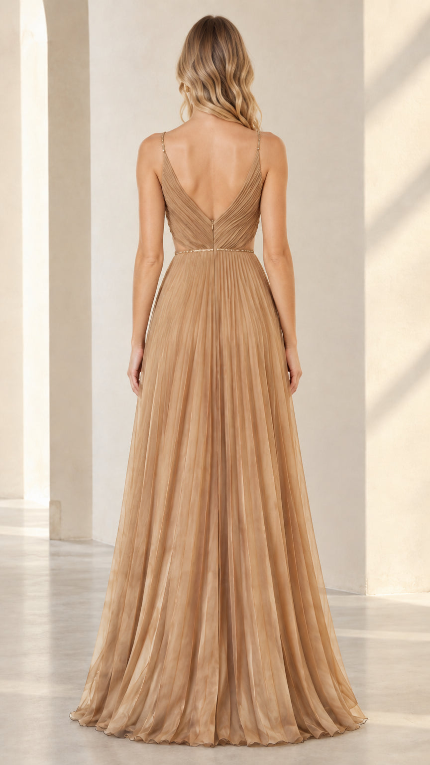 Champagne pleated maxi dress showing low V-back design