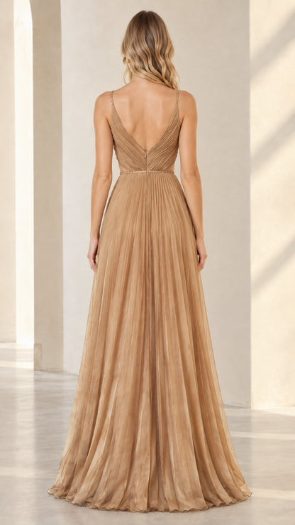 Champagne pleated maxi dress showing low V-back design