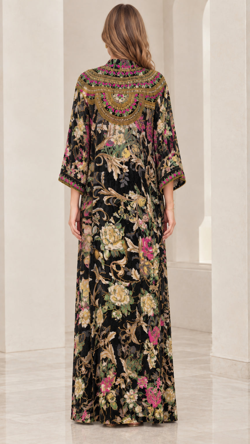 Back view of black floral long kaftan evening dress with embellished neck