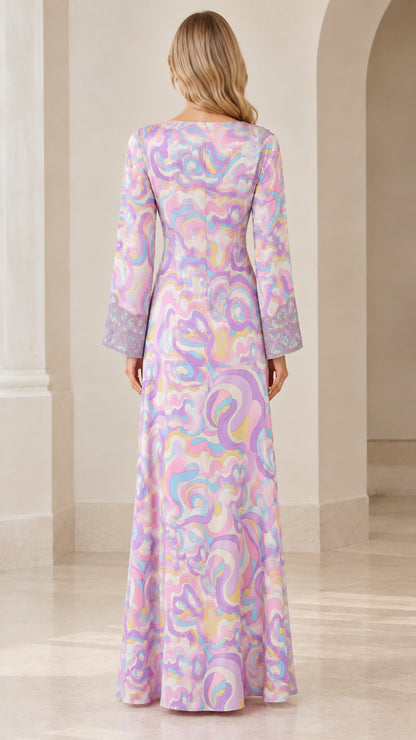 Back full-length view of model in Lavender Multi swirl print long sleeve maxi dress