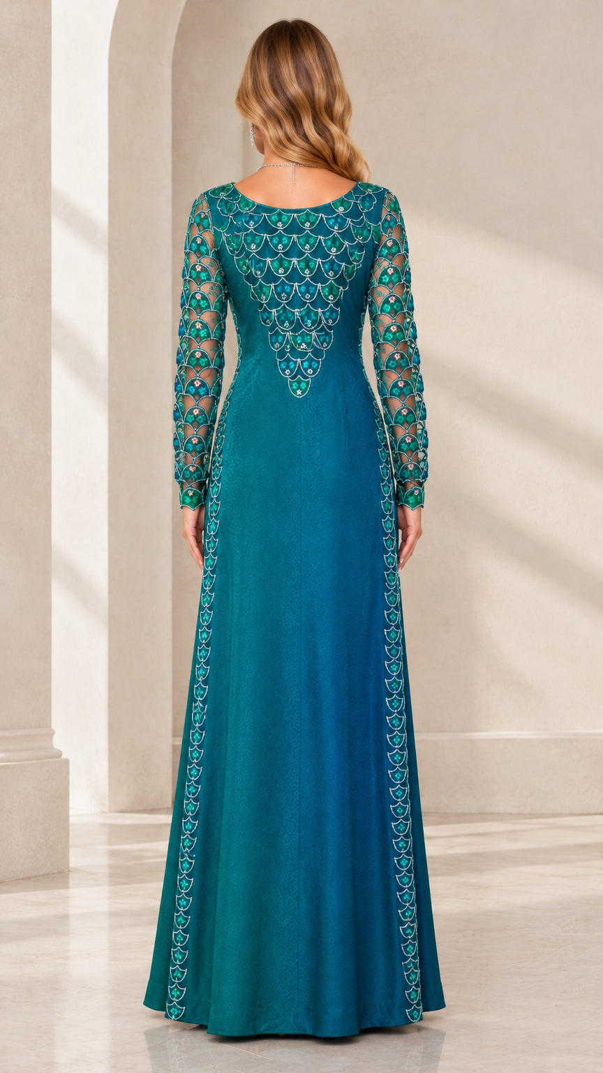 Back view of woman wearing teal blue embroidered scoop back evening gown